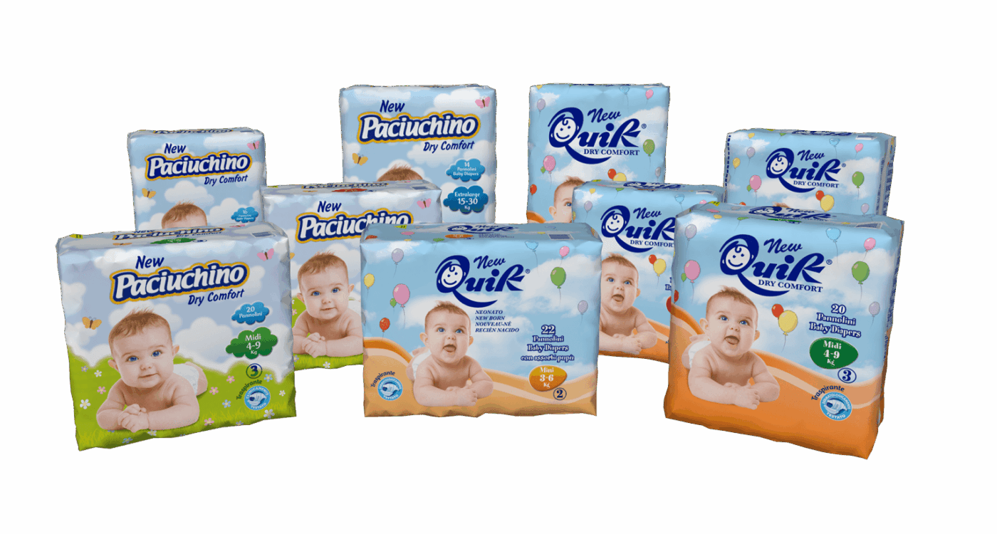 I Pannolini Baby hanno un corpo centrale anatomico composto da una miscela di soffice fluff di pura cellulosa sbiancata ecologicamente miscelata a polimeri super assorbenti per garantire l’assorbimento di grandi quantità di liquido.